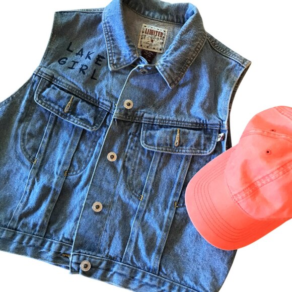 Upcycled Denim Vest, Junior Size 14: Painted Table Rock Lake Sleeveless Jacket - Picture 2 of 14